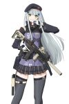  1girl absurdres assault_rifle bangs beret black_legwear breasts checkered checkered_skirt eyebrows_visible_through_hair feet_out_of_frame finger_to_mouth girls_frontline gloves green_eyes gun h&amp;k_hk416 hat highres hk416_(girls_frontline) holding holding_weapon holster long_hair looking_at_viewer military military_uniform rifle rynn_(rynn_cube) silver_hair skirt smile solo standing thighhighs uniform weapon white_background white_gloves zettai_ryouiki 
