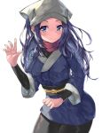  1girl black_legwear blue_eyes blue_hair closed_mouth commentary_request dantahi01 eyelashes female_protagonist_(pokemon_legends:_arceus) grey_headwear hand_up head_scarf long_hair looking_at_viewer messy_hair pantyhose pokemon pokemon_(game) pokemon_legends:_arceus sash scarf sidelocks simple_background smile solo undershirt white_background 