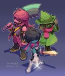  1boy 1girl 1other adjusting_clothes adjusting_headwear axe blue_skin blush_stickers boots bracelet colored_sclera colored_skin dated deltarune fingernails glasses goat_boy gradient gradient_background green_headwear grin hair_over_eyes hat jewelry kris_(deltarune) long_hair pink_hair pink_scarf pointing purple_background ralsei scarf sharp_fingernails sharp_teeth skyloop19 smile spiked_armlet spiked_bracelet spikes standing susie_(deltarune) teeth twitter_username yellow_sclera 