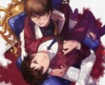  2boys ace_of_diamond bangs black_shirt brown_eyes brown_hair brown_vest collared_shirt formal glasses highres jacket looking_at_viewer lying lying_on_person male_focus miyuki_kazuya multiple_boys necktie on_back pants polypumb_fr red_jacket red_pants sawamura_eijun shirt short_hair sitting smile suit throne vest white_jacket white_pants white_shirt 