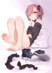  1girl bare_shoulders barefoot black_sweater blush choker convenient_leg ear_piercing embarrassed feet fingernails grey_background hair_over_one_eye hair_ribbon highres kahlua_(artist) knees_up off-shoulder_sweater off_shoulder on_bed original piercing pillow pink_eyes pink_hair ribbon shoes shoes_removed short_hair simple_background sitting socks socks_removed soles solo sweat sweater toes violett wall 