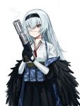  1girl absurdres bangs black_gloves black_hairband camouflage_print eyepatch feather-trimmed_jacket feathers girls_frontline gloves gun hairband highres holding holding_gun holding_weapon jacket kuro_(zhurunbo1997) long_hair off_shoulder red_eyes red_neckwear scar scar_on_neck shirt silver_hair simple_background smoke solo thunder_(girls_frontline) triple_action_thunder weapon white_background white_shirt 