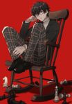  1boy amamiya_ren black_eyes black_footwear black_hair black_jacket blazer chair chess_piece feet_on_chair glasses highres jacket kometubu0712 looking_at_viewer male_focus pants parted_lips persona persona_5 plaid plaid_pants red_background rocking_chair school_uniform shadow shoes shuujin_academy_uniform simple_background solo sweater turtleneck turtleneck_sweater wavy_hair white_sweater 