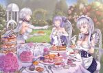  3girls apron azur_lane backless_dress backless_outfit bare_shoulders belfast_(azur_lane) black_ribbon blue_eyes blueberry breasts broken broken_chain buttons cake cake_slice candy chain checkerboard_cookie cherry cleavage closed_eyes cookie cream criss-cross_halter cup cupcake dessert double-breasted dress eclipse007007 elbow_gloves flower food fork frilled_apron frilled_dress frills fruit garden gloves hair_ribbon halterneck holding holding_fork holding_plate honey illustrious_(azur_lane) large_breasts long_hair macaron maid_headdress multiple_girls open_mouth outdoors pastry pastry_box pink_flower pink_rose plate pudding purple_dress purple_hair red_flower red_rose ribbon rose round_table sitting sleeveless sleeveless_dress strapless strapless_dress strawberry sweets tea tea_party teacup teapot tiered_tray tri_tails unicorn unicorn_(azur_lane) waist_apron white_apron white_dress white_gloves white_hair white_headdress 