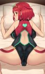  1girl ass back backboob bangs bare_shoulders bed_sheet black_swimsuit blush breast_press breasts cameltoe closed_mouth competition_swimsuit earrings eyebrows_visible_through_hair jewelry large_breasts neon_trim nose_blush nt00 on_bed one-piece_swimsuit partially_visible_vulva pillow pillow_grab pyra_(xenoblade) red_eyes red_hair short_hair smile spread_legs swept_bangs swimsuit thighs tiara xenoblade_chronicles_(series) xenoblade_chronicles_2 