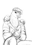  2021 anthro avian bird clothing columbid feral hair hair_over_eye hat headgear headwear hi_res hladilnik male one_eye_obstructed pidge_(hladilnik) pigeon sitting sketch 