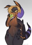  4_fingers anthro biped blonde_hair breasts claws dessert doughnut dragon fangs female fingers food genitals hair hi_res horn nipples non-mammal_breasts non-mammal_nipples nude pussy reptile scales scalie spots striped_tail stripes zazush-una zazush_(zazush-una) 