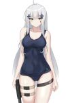  1girl absurdres bangs blue_swimsuit breasts cleavage closed_mouth collarbone covered_navel eyebrows_visible_through_hair girls_frontline green_eyes highres hk416_(girls_frontline) holstered_weapon long_hair looking_at_viewer medium_breasts rynn_(rynn_cube) school_swimsuit silver_hair solo standing swimsuit white_background 