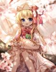  1girl absurdres artist_name blonde_hair blue_eyes blurry blurry_background blurry_foreground bow bowtie capelet cherry_blossoms commentary depth_of_field dress eyebrows_visible_through_hair fairy_wings flower frilled_capelet frilled_dress frilled_sleeves frills hat highres holding light_rays lily_white long_hair long_sleeves looking_at_viewer open_mouth outdoors petals power-up pudding_(skymint_028) red_bow red_neckwear signature smile solo sunlight touhou white_dress white_headwear wide_sleeves wings 