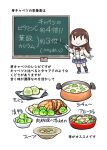  1girl :&gt; bangs black_legwear bowl breasts brown_hair cosplay epaulettes eyebrows_visible_through_hair food gloves highres kantai_collection kashima_(kancolle) kashima_(kancolle)_(cosplay) kneehighs long_hair long_sleeves military military_uniform ooi_(kancolle) plate pleated_skirt pot red_neckwear seiran_(mousouchiku) simple_background skirt smile solo uniform white_background white_gloves 