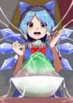  1girl :d bangs blue_bow blue_dress blue_eyes blue_hair blurry blurry_background blurry_foreground blush bow bowtie breasts cirno commentary_request dress eyebrows_visible_through_hair eyes_visible_through_hair grey_background hair_bow hands_up highres holding holding_spoon ice ice_wings kefir looking_at_viewer medium_breasts open_mouth parted_bangs puffy_short_sleeves puffy_sleeves red_bow red_neckwear sexually_suggestive shaved_ice short_sleeves simple_background smile solo spoon starraisins suggestive_fluid table touhou upper_body upper_teeth wings 