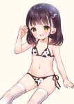  1girl :d animal_print bangs bare_arms bare_shoulders bikini black_hair blush brown_background brown_eyes chitosezaka_suzu collarbone commentary_request cow_horns cow_print eyebrows_visible_through_hair feet_out_of_frame hair_ornament hairclip hand_up horns long_hair looking_at_viewer open_mouth original print_bikini side-tie_bikini simple_background sitting smile solo swimsuit thighhighs white_bikini white_legwear 