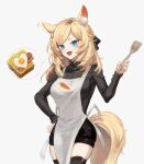  1girl :d animal_ear_fluff animal_ears apron arknights bacon bangs black_legwear black_ribbon black_sweater blonde_hair blue_eyes breasts commentary cowboy_shot food grey_background hair_ribbon hand_on_hip hand_up highres holding long_hair long_sleeves looking_at_viewer medium_breasts open_mouth ribbon simple_background smile solo spacelongcat standing sunny_side_up_egg sweater tail thighhighs toast turtleneck turtleneck_sweater whislash_(arknights) white_apron 
