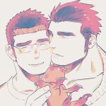  2boys bara blush casual cheek-to-cheek couple creature cutiebell face glasses long_sideburns male_focus master_3_(tokyo_houkago_summoners) multiple_boys muscular muscular_male orange_theme pectorals shiro_(tokyo_houkago_summoners) short_hair sideburns smile spiked_hair thick_eyebrows tokyo_houkago_summoners upper_body yaoi 