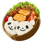  carrot cherry egg english_commentary food food_focus fruit garnish gokushufudou lettuce meat meatball no_humans obentou omelet realistic rice sausage simple_background still_life studiolg tamagoyaki vegetable white_background 