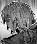  1girl absurdres bangs braid braided_ponytail fate/grand_order fate_(series) florence_nightingale_(fate) folded_ponytail glowing glowing_eyes greyscale highres hxd long_hair looking_at_viewer looking_back monochrome shaded_face 