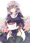  1girl :3 bangs black_legwear blue_dress blush breasts brown_hair cake closed_mouth commentary_request cowboy_shot dress eating_hair eyebrows_visible_through_hair flower food fruit garter_straps hair_between_eyes hair_flower hair_ornament happy_birthday highres holding holding_plate juliet_sleeves large_breasts long_hair long_sleeves looking_at_viewer mizuki_takehito no_panties plate pointy_ears poring priest_(ragnarok_online) puffy_sleeves ragnarok_online sitting slime_(creature) smile strawberry thighhighs white_flower 