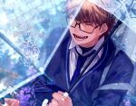  1boy ace_of_diamond bag blurry blurry_background blush brown_hair closed_eyes collared_shirt day glasses happy_birthday highres holding holding_umbrella male_focus miyuki_kazuya necktie open_mouth outdoors polypumb_fr school_uniform shirt short_hair shoulder_bag smile solo transparent transparent_umbrella umbrella upper_body 