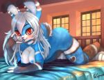  absurd_res anthro bed blue_body blue_fur blue_nipples blue_pussy blue_tongue breasts butt detailed detailed_fur digital_media_(artwork) faisonne female fur furniture genitals hair hi_res lagomorph leporid long_hair looking_at_viewer mammal nipples nude pheeni pussy rabbit solo tongue 