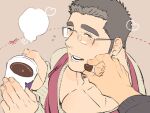  2boys apron bara blush coffee_mug couple cup cutiebell glasses heart holding holding_cup large_pectorals long_sideburns looking_at_viewer male_cleavage male_focus master_3_(tokyo_houkago_summoners) mug multiple_boys muscular muscular_male pectorals pov red_apron shiro_(tokyo_houkago_summoners) short_hair sideburns solo_focus spiked_hair sweater thick_eyebrows tokyo_houkago_summoners yaoi 