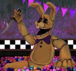  2020 ambiguous_gender animatronic anthro ball_pit blood bodily_fluids bow_tie buckteeth button_(fastener) claws digital_drawing_(artwork) digital_media_(artwork) five_nights_at_freddy&#039;s holding_object holding_weapon into_the_pit knife lagomorph leporid looking_at_viewer machine mammal mechanical_jaws open_mouth rabbit robot sharp_claws solo spring_bonnie_(fnaf) teeth video_games weapon white_eyes yellow_body 