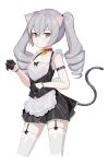  1girl absurdres alternate_costume animal_ears apron arm_belt bare_shoulders bell black_gloves black_skirt black_vest breasts bronya_zaychik cat_ears cat_girl cat_tail choker collarbone cropped_legs drill_hair enmaided frills garter_straps gloves gree4 grey_eyes grey_hair half_gloves highres honkai_(series) honkai_impact_3rd jingle_bell long_hair looking_at_viewer maid maid_apron miniskirt red_choker simple_background skirt sleeveless small_breasts solo tail tail_raised thighhighs twin_drills twintails vest white_apron white_background white_legwear wristband zettai_ryouiki 