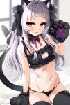  1girl :p animal_ear_fluff animal_ears bangs bare_arms bare_shoulders black_bra black_gloves black_legwear black_neckwear black_panties black_ribbon blush bra cat_ears cat_lingerie cat_tail choker commentary_request flat_chest gloves hair_ornament hair_ribbon hand_up hololive long_hair looking_at_viewer marota meme_attire murasaki_shion navel orange_eyes panties paw_gloves paws ribbon silver_hair sitting smile solo stomach tail thighhighs tongue tongue_out underwear underwear_only virtual_youtuber 