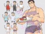  1boy alternate_costume bara black_male_underwear boxer_briefs bulge chibi covered_nipples cutiebell dated glasses happy_birthday holding holding_tray long_sideburns looking_at_viewer male_cleavage male_focus male_underwear muscular muscular_male pectorals purple_apron see-through shiro_(tokyo_houkago_summoners) short_hair sideburns sidepec smile spiked_hair thick_eyebrows thighs tokyo_houkago_summoners tray underwear 