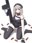  1girl aa-12 aa-12_(girls_frontline) absurdres assault_rifle beret black_dress black_gloves black_legwear blue_eyes breasts candy cartridge cleavage closed_mouth dress eyebrows_visible_through_hair food girls_frontline gloves gun hair_ornament hand_on_floor hat highres holding holding_weapon lollipop looking_at_viewer medium_breasts medium_hair no_shoes platinum_blonde_hair rifle rynn_(rynn_cube) shotgun sitting_on_floor solo star_(symbol) star_hair_ornament thighhighs weapon white_background 