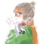  1girl arms_up bangs beanie black_headwear blunt_bangs blush condensation_trail eyebrows_visible_through_hair glasses green_hoodie hands_together hands_up hat headphones headphones_around_neck headphones_removed hime_cut hood hood_down hoodie long_hair mcmcknk open_mouth orange_hair persona persona_5 persona_5_the_royal pom_pom_(clothes) purple_eyes sakura_futaba simple_background solo_focus teeth white_background 