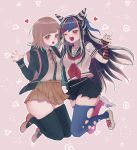  2girls black_hair black_shirt blue_hair brown_hair claw_pose collarbone collared_shirt commentary_request danganronpa_(series) danganronpa_2:_goodbye_despair dbals0807 dress_shirt ear_piercing feet_up hair_horns hair_ornament heart highres hood hooded_jacket jacket jewelry long_hair long_sleeves medium_hair miniskirt mioda_ibuki mismatched_legwear multicolored_hair multiple_girls nanami_chiaki necklace one_eye_closed piercing pink_eyes pink_hair scar school_uniform serafuku shirt shirt_tucked_in skirt smile stitches striped tattoo thighhighs torn_clothes torn_legwear white_hair white_shirt 