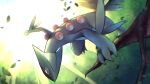  absurdres blurry closed_mouth commentary gen_3_pokemon higa-tsubasa highres holding leaf light_beam no_humans pokemon pokemon_(creature) sceptile solo tree_branch 