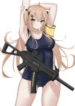  1girl absurdres arms_behind_head bangs blue_swimsuit blush breasts brown_eyes closed_mouth collarbone covered_navel eyebrows_visible_through_hair girls_frontline gun h&amp;k_ump highres light_brown_hair long_hair looking_at_viewer medium_breasts rynn_(rynn_cube) school_swimsuit smile solo standing submachine_gun swimsuit twintails ump9_(girls_frontline) weapon white_background 