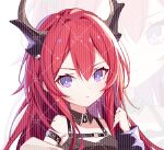  1girl arknights armband bare_shoulders black_dress chibi dress fanghua_ra hand_up highres horns infection_monitor_(arknights) long_hair long_sleeves looking_at_viewer purple_eyes red_hair solo surtr_(arknights) white_background zoom_layer 