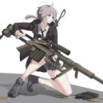  1girl black_neckwear blue_skirt bolt_action brown_jacket cartridge cheytac_m200 closed_mouth eyebrows_visible_through_hair girls_frontline grey_eyes grey_footwear grey_hair gun highres holding holding_weapon jacket long_hair looking_away m200_(girls_frontline) necktie open_clothes open_jacket rifle rifle_cartridge rynn_(rynn_cube) shirt shoes skirt sneakers sniper_rifle socks solo weapon white_background white_shirt 