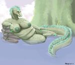  absurd_res anthro big_breasts breasts crocodilian dark_nipples female genitals hi_res long_tail lounging non-mammal_breasts overweight overweight_anthro overweight_female pussy relaxing reptile scalie solo vainovalkea water 
