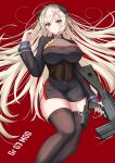  1girl absurdres bangs battle_rifle black_legwear blonde_hair blush breasts character_name closed_mouth corset eyebrows_visible_through_hair g3_(girls_frontline) girls_frontline gun h&amp;k_g3 highres holding holding_weapon holster large_breasts long_hair looking_at_viewer lying mod3_(girls_frontline) on_back on_floor purple_eyes red_background rifle rynn_(rynn_cube) solo thighhighs uniform weapon 