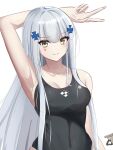  1girl arm_behind_head bangs black_swimsuit breasts cleavage closed_mouth collarbone competition_swimsuit girls_frontline green_eyes highres hk416_(girls_frontline) long_hair looking_at_viewer medium_breasts one-piece_swimsuit rynn_(rynn_cube) school_swimsuit silver_hair smile solo_focus swimsuit v white_background 