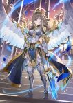  1girl angel angel_wings arm_guards armor armored_boots bangs blue_eyes boobplate boots breastplate breasts bright_pupils brown_hair closed_mouth elbow_pads evening expressionless faulds from_below full_body halo highres holding holding_weapon knee_pads light_particles long_hair looking_to_the_side medium_breasts original outdoors polearm rin_falcon sidelocks solo stairs standing stone_stairs sunset thighhighs tiara waist_cape weapon white_pupils wings zettai_ryouiki 