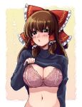  1girl bangs black_sweater blush border bow bra breasts brown_eyes brown_hair cleavage clothes_lift commentary_request cookie_(touhou) frilled_bow frilled_hair_tubes frills hair_between_eyes hair_bow hair_tubes hakurei_reimu highres kanna_(cookie) large_breasts long_hair looking_at_viewer navel odenoden open_mouth pink_bra red_bow solo sweater sweater_lift touhou translation_request underwear upper_body white_border yellow_background 