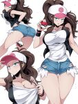  1girl ass baseball_cap black_vest blue_eyes breasts brown_hair clothes_pull denim denim_shorts exposed_pocket hand_on_hip hat high_ponytail highres hilda_(pokemon) holding holding_poke_ball jacket large_breasts leaning_forward looking_at_viewer looking_back multiple_views open_mouth pants poke_ball poke_ball_(basic) pokemon pokemon_(game) pokemon_bw ponytail shimure_(460) shirt shirt_pull short_shorts shorts sidelocks simple_background sleeveless sleeveless_shirt solo t-shirt thick_thighs thighs torn_clothes torn_pants vest white_background white_shirt wide_hips wristband 