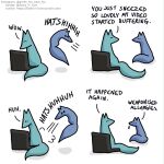  1:1 blue_body blue_fox_(foxes_in_love) blue_fur blue_tail canid canine comic computer couple_(disambiguation) dialogue duo english_text feral fox foxes_in_love fur green_body green_fox_(foxes_in_love) green_fur green_tail hi_res laptop male_(lore) mammal shadow simple_background sneeze text url 