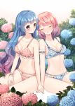  2girls armband bangs blue_bra blue_eyes blue_hair blue_nails blue_panties blush bra breasts chrysanthemum cleavage closed_eyes collarbone eyebrows_visible_through_hair firstnoha flower highres large_breasts long_hair looking_at_another medium_hair multiple_girls nail_polish navel original panties pink_bra pink_hair pink_nails pink_panties rain sitting smile underwear underwear_only wristband yuri 