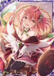  1girl akkijin amaterasu_(shinkai_no_valkyrie) amulet armpits boots breasts brown_hair floating frilled_skirt frills green_ribbon hair_ornament japanese_clothes medium_breasts official_art open_mouth pink_skirt ribbon shield shinkai_no_valkyrie short_hair skirt sunset thighhighs yellow_eyes 