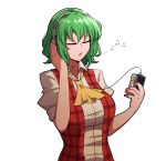  1girl ascot beamed_eighth_notes beamed_sixteenth_notes cassette_player closed_eyes collared_shirt eighth_note english_commentary green_hair headphones highres kazami_yuuka mata_(matasoup) musical_note open_clothes open_mouth plaid plaid_vest red_vest shirt short_sleeves simple_background sleeves_rolled_up solo spoken_musical_note touhou upper_body vest walkman wavy_hair white_background white_shirt yellow_neckwear 