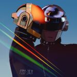  2boys collared_jacket daft_punk dated gradient gradient_background guy-manuel_de_homem-christo helmet light_rays looking_at_viewer looking_to_the_side multiple_boys roxiee-chan thomas_bangalter upper_body zipper 