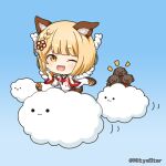 1girl :3 ;d animal animal_ears bangs bare_shoulders blonde_hair blue_background brown_eyes chibi closed_mouth cloud commentary_request detached_sleeves dog dog_ears eyebrows_visible_through_hair fang gradient gradient_background granblue_fantasy hands_up long_sleeves looking_at_viewer miicha notice_lines one_eye_closed open_mouth shirt sleeveless sleeveless_shirt smile solid_circle_eyes solo twitter_username vajra_(granblue_fantasy) white_shirt white_sleeves wide_sleeves 