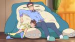  2boys black_pants blue_shirt brown-framed_eyewear brown_hair cerise_(pokemon) collared_shirt commentary derivative_work english_commentary father_and_son gen_1_pokemon gen_8_pokemon glasses highres male_focus multiple_boys orange_shorts pants parker_(pokemon) pokemon pokemon_(anime) pokemon_(creature) pokemon_swsh_(anime) saturday_(hokawazu) screencap_redraw semi-rimless_eyewear shirt short_hair shorts sleeping slippers snorlax socks twilight white_legwear yamper yellow_legwear 