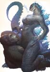  1boy 1girl absurdres breasts cavehuuu claws fangs furry genderswap genderswap_(mtf) girl_on_top glowing godzilla godzilla_(series) godzilla_vs_kong highres king_kong king_kong_(series) licking_lips no_humans scar spines straddling tail tongue tongue_out 