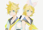  1boy 1girl bangs bare_shoulders bass_clef blonde_hair blue_eyes bow brother_and_sister collarbone commentary expressionless eyebrows_visible_through_hair fortissimo grey_background hair_bow hair_ornament hairclip headphones headset highres instrument instrument_on_back kagamine_len kagamine_rin keytar looking_at_viewer musical_note neckerchief necktie nima_(nimamann) parted_lips ponytail ribbon sailor_collar school_uniform shirt short_hair short_ponytail short_sleeves siblings side-by-side simple_background sleeveless sleeveless_shirt spiked_hair swept_bangs twins upper_body vocaloid white_background white_bow white_shirt yellow_neckwear yellow_ribbon 